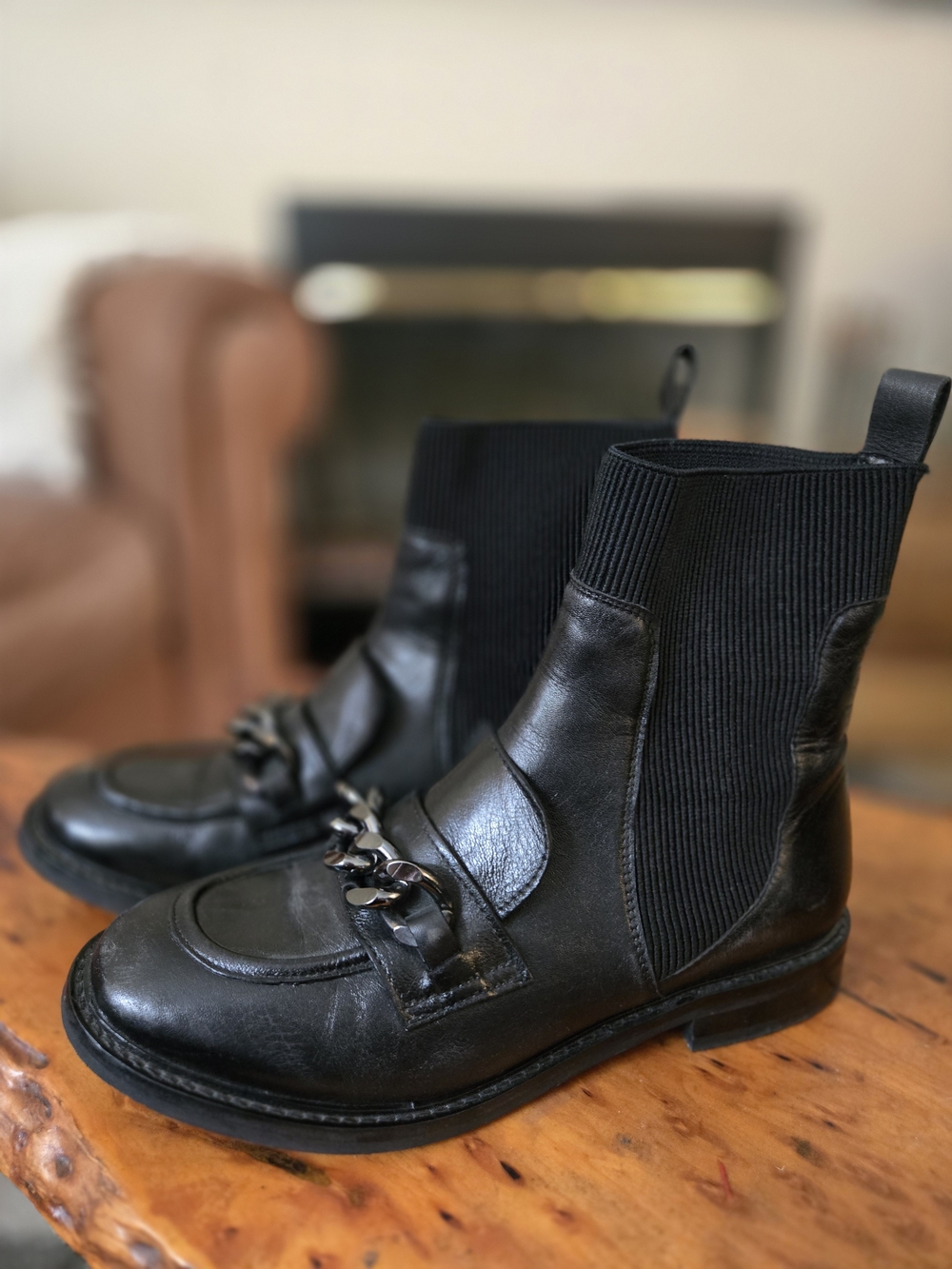 Allonsi Lilou Black Leather Chelsea Boots with Chain Accent